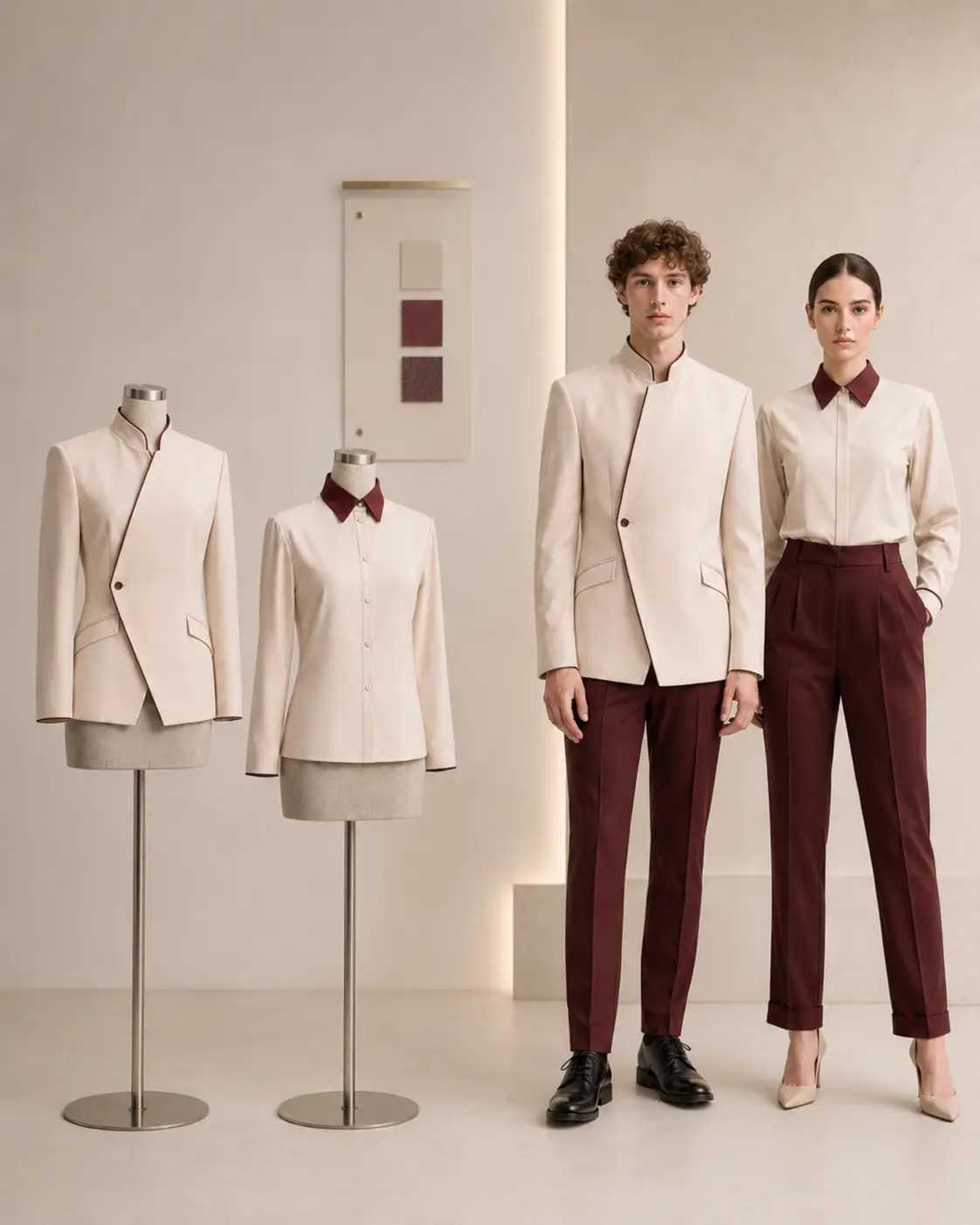 Uniform concept sketches, samples and tailored hospitality garments