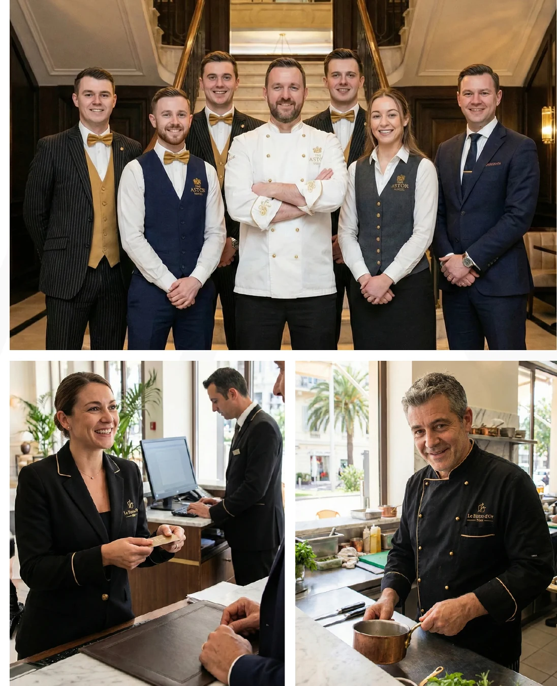 Hospitality staff wearing custom uniforms in front office and culinary environments