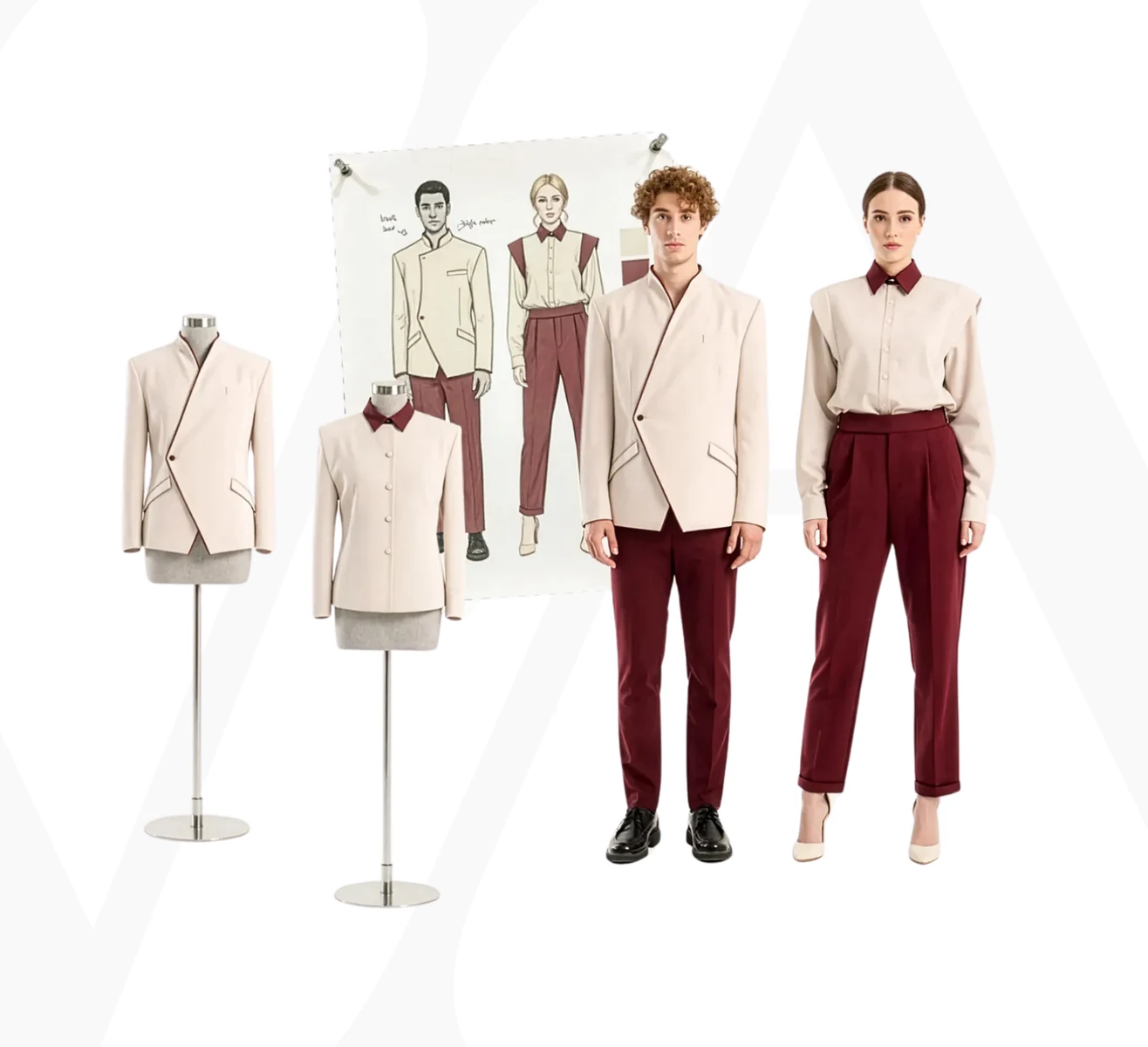 Uniform concept sketches, samples and tailored hospitality garments