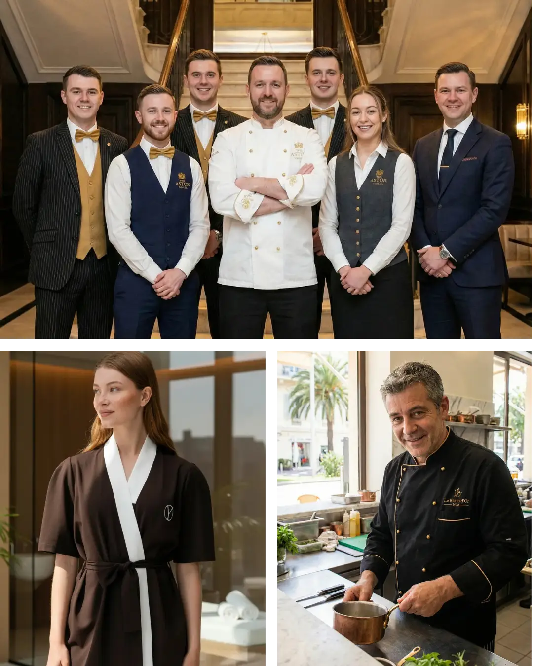 Hospitality staff wearing custom uniforms in front office and culinary environments